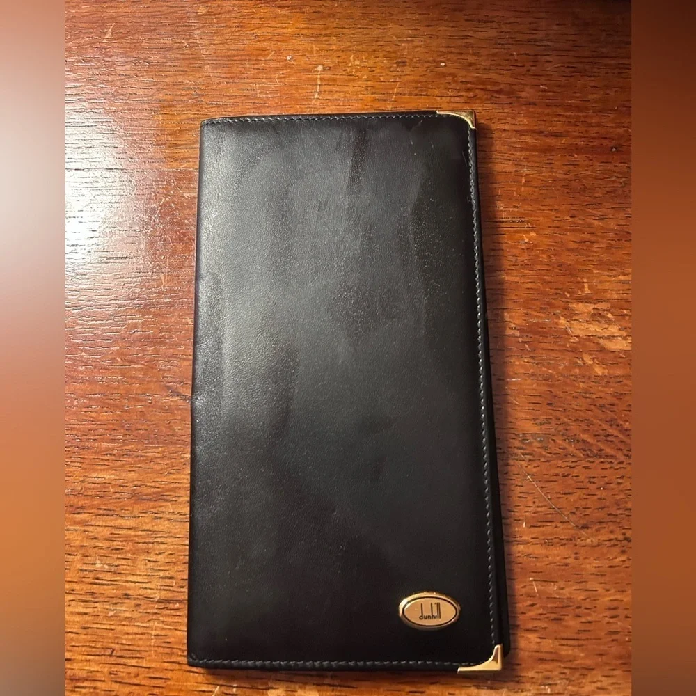 Dunhill Black Leather Wallet | Gold Logo & Corner Accent | Vintage Luxury
